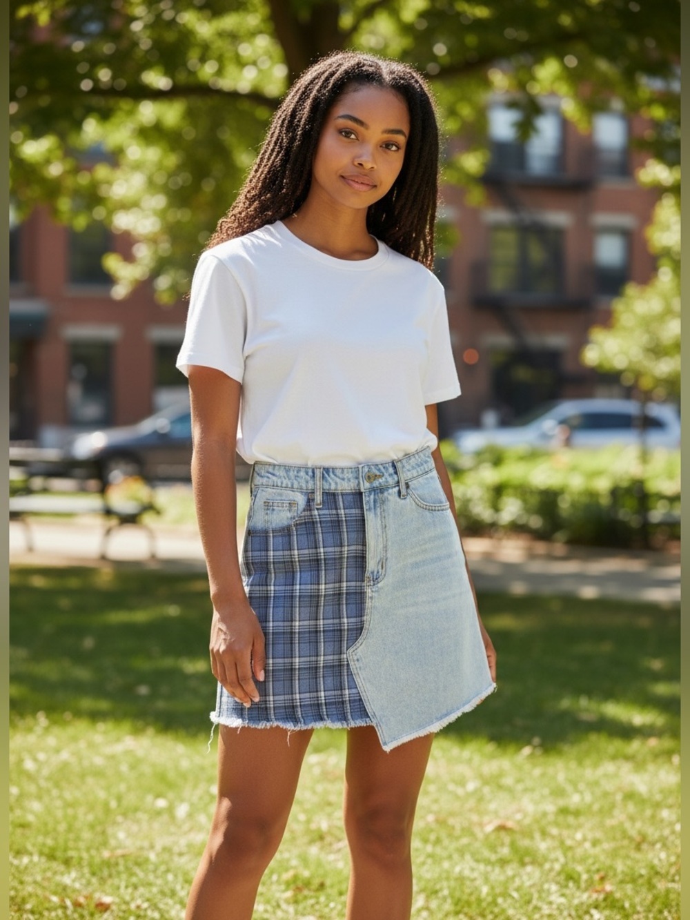 Easel Patchwork Denim & Plaid Mini Skirt Size Small Boho Asymmetrical Raw Hem